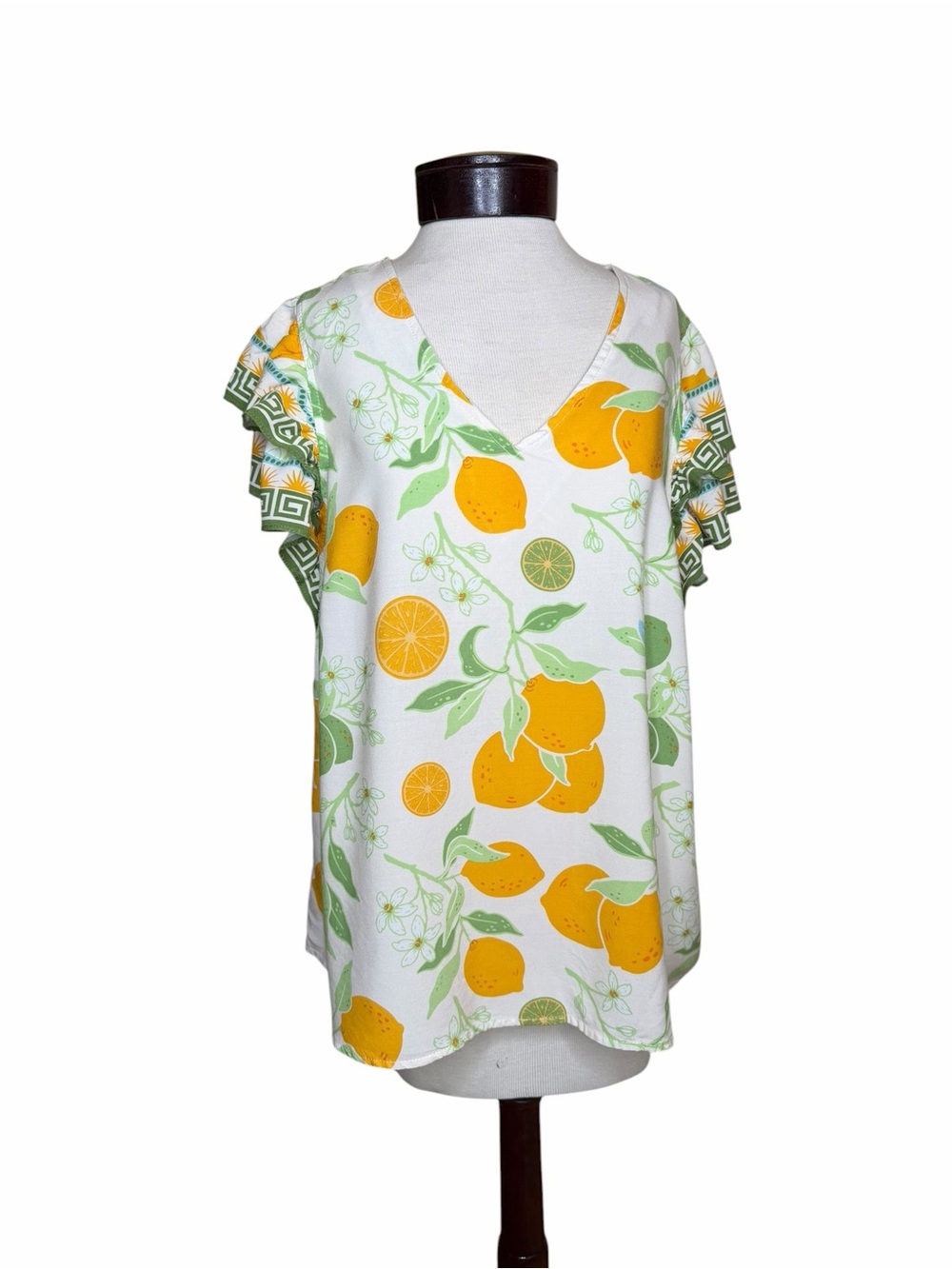 Rachel Zoe Lemon Print Flutter Sleeve Blouse Top 1X White Yellow Green Rayon